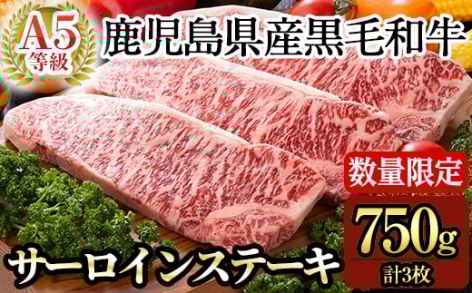 D-064 ＜数量限定！＞鹿児島県産黒毛和牛サーロインステーキ3枚 計750g(Ａ-5等級)【九面屋】霧島市 国産 牛肉 ステーキ ステーキ肉  鹿児島県産 黒毛和牛 肉 精肉 牛 A5等級