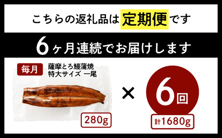 【全6回定期便】薩摩大とろ鰻蒲焼特大サイズ一尾　K190-T03 薩摩 さつま 鹿児島県 鹿児島市 鹿児島 大人気うなぎ 人気うなぎ 鹿児島産うなぎ 鹿児島県産うなぎ 大人気ウナギ 人気ウナギ 鹿児島