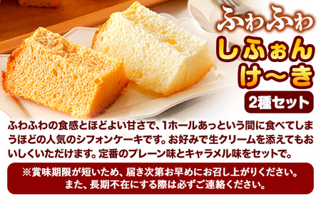 スイーツ デザート 洋菓子 ケーキ シフォンケーキ プレーン キャラメル ギフト 十勝 ふわふわ「しふぉんけ?き」2種セット《60日以内に順次出荷(土日祝除く)》北海道 本別町 有限会社松月堂 送料無