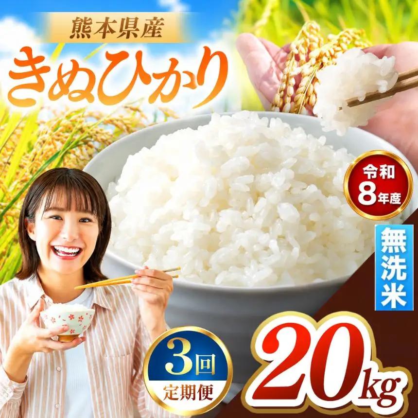 【 定期便 3回 】R8年産 熊本県産 無洗米 きぬひかり 20kg