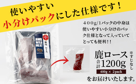 【阿波地美栄】徳島県産 二ホンジカ 鹿ロース肉 ※すじなし 計1.2kg（400g×3）[徳島 那賀 ジビエ じびえ 鹿 鹿肉 おかず 鹿ロース 鹿ロース肉 ロース肉 ロース 焼肉 BBQ バーベキュ