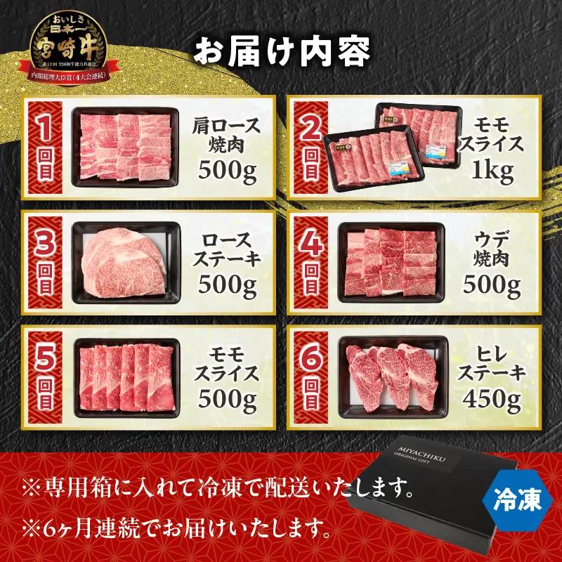 【6か月定期便】宮崎牛プレミアム定期便 牛肉 肉 肩ロース モモ スライス ロース ロースステーキ ステーキ ウデ 焼肉 ヒレ ヒレステーキ 宮崎牛 赤身 霜降り 料理 アウトドア キャンプ バーベキ