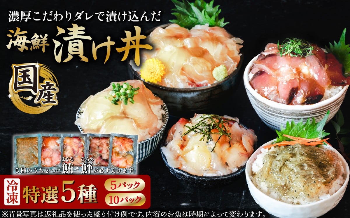 
                  【 パック数が選べる！ 】海鮮漬け丼5種セット ( 5パック / 10パック )  海鮮 海鮮丼 漬け 漬け丼 刺身 鮪 マグロ 鮃 ヒラメ 丼もの 丼 丼ぶり オンザライス 5000円 10000円 1万円 [SZR]
                