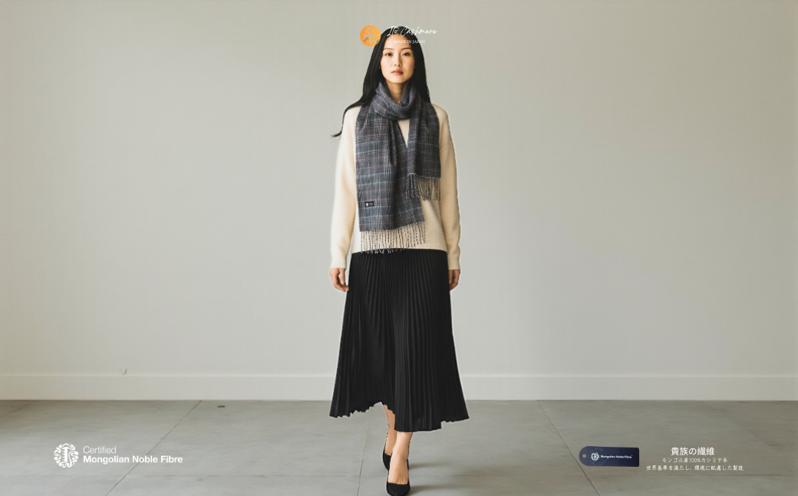 『Noble Fibre』100％カシミヤ・マフラー グレーン＆チェック フリンジ付き G3563