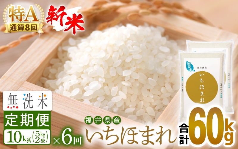 
                  【新米】令和8年産 無洗米 定期便 6回 いちほまれ 10kg × 6回（計60kg）福井県産 特A通算8回！【お米 コメ kome 6ヶ月連続 計60キロ 精米 白米 便利 時短】 [e27-k016]
                