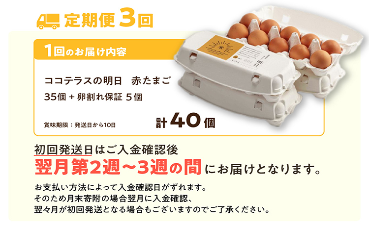 【3ヵ月定期便】ココテラスの明日（赤たまご）35個 + 5個保証（計40個）