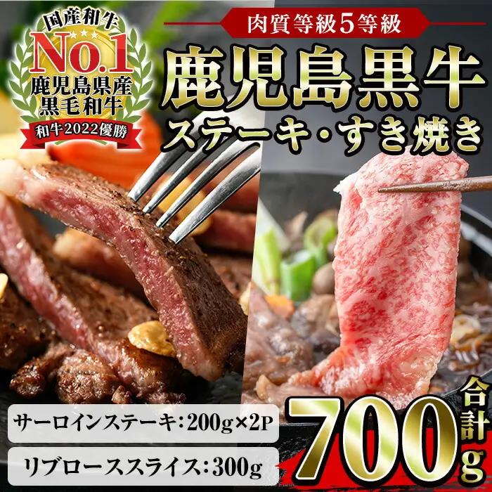  鹿児島黒牛 食べ比べ 700g サーロイン ス テーキ 400g（200g×2P） リブロース スライス 300g（300g×1P）  A5等級 【E-701】【00-058-03】