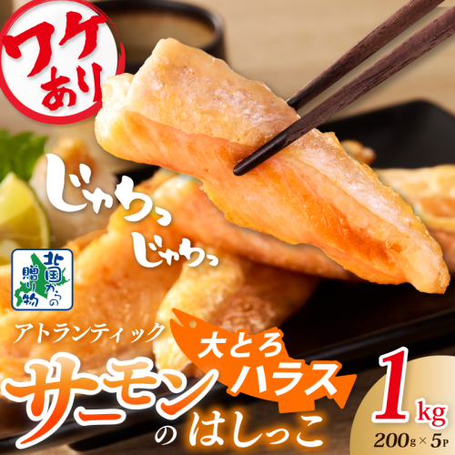 【総量1kg】大とろハラス 200g×5P アトランティックサーモン【小分け 鮭ハラス 腹ヒレ肉 昆布塩加工 はしっこ 訳あり 鮭 さけ シャケ しゃけ】 099H3903