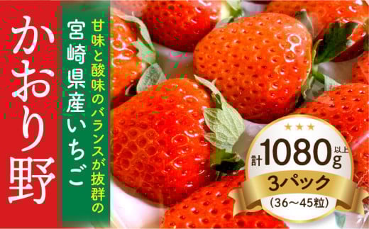 《2026年発送》【数量・期間限定】宮崎県産いちご「かおり野」3パック(計1080g以上：36粒～45粒)_M260-014
