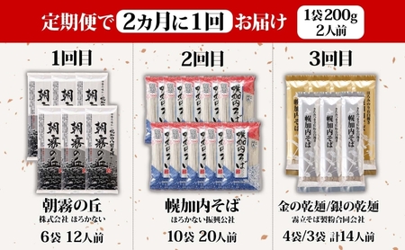 全3回 定期便 隔月お届け 幌加内そば ファミリー向け 食べ比べ そば ソバ 蕎麦 麺 ヘルシー 家族 名産 お蕎麦 乾麺 常備 そば粉 蕎麦湯 そば湯 香り高い コシ セット お取り寄せ グルメ 送