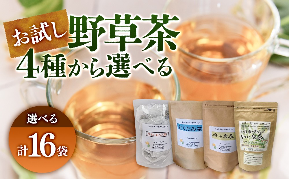 
                  ＜4種から選べる＞お試し野草茶(計16袋) | 野草茶 健康茶 ハーブティー お試しセット 少量セット ティーバッグ 国産野草 ナチュラル 健康志向 ノンカフェイン リラックス デトックス 温活 飲みやすい 初心者向け 日常習慣 お茶習慣 水分補給 家庭用 お取り寄せ 人気 おすすめ 鳥取県 境港市
                
