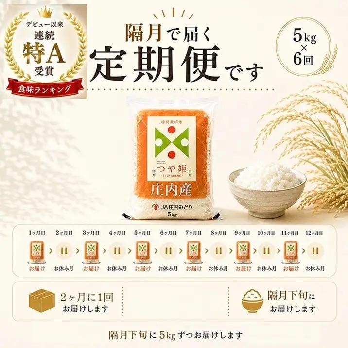 SH0104　9月下旬発送開始／【隔月6回定期便】［精米］特別栽培米 つや姫　5kg×6回(計30kg) JM