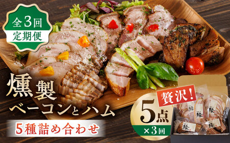 【3回定期便】燻製 ベーコン・ハム 5種詰め合わせ セット 国産 熊本産 スモーク スペアリブ 炭火焼 香心ポーク お肉 熊本県 特産品【燻製工房 縁】[ZBF024]