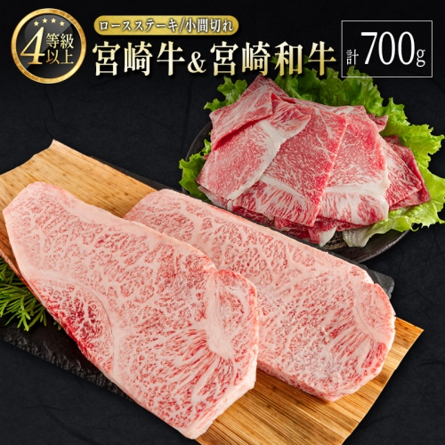 宮崎牛 ＆ 宮崎和牛（ロースステーキ／小間切れ）計700g 国産 肉 牛肉 ご飯 おかず【C374-24-30】