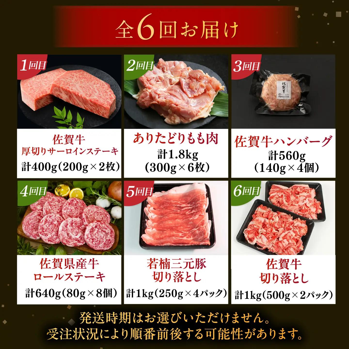 【全6回定期便】佐賀県の畜産農家を応援！佐賀県肉づくし定期便 / 佐賀牛 鶏肉 豚肉 切り落とし ステーキ ハンバーグ / 佐賀県ふるさと納税 [41AAZZ019]