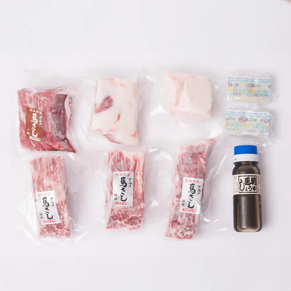 にくよし グルメ馬さし 特級セット 赤身 タテガミなど 合計650g グルメ 馬さし 4種類 特撰赤身 タテガミ フタエゴ 醤油・生姜小袋付 ブロック 馬刺し 馬肉 真空パック 冷凍 熊本名産 酒のつ