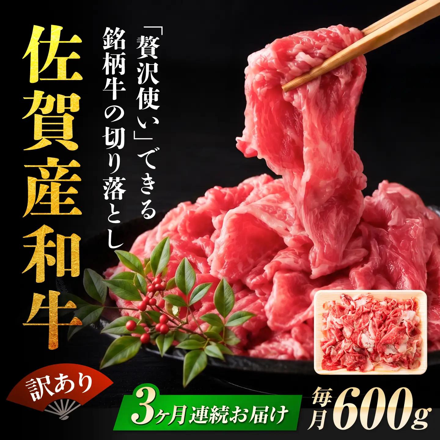 3回定期便 訳あり佐賀産和牛 切り落とし 600g 牛肉定期便FDB027]