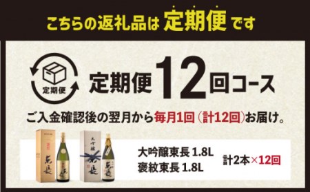 【数量限定】【全12回定期便】 東長 日本酒飲み比べ 2種 ( 純米大吟醸酒 褒紋(ほうもん) ・ 大吟醸酒 しずく搾り ) 1800ml【瀬頭酒造】[NAH029]  東長 日本酒 瀬頭酒造 日本酒