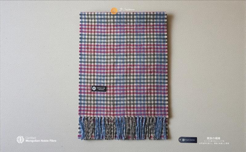 G3565 『Noble Fibre』100％カシミヤ・マフラー レッド＆チェック フリンジ付き