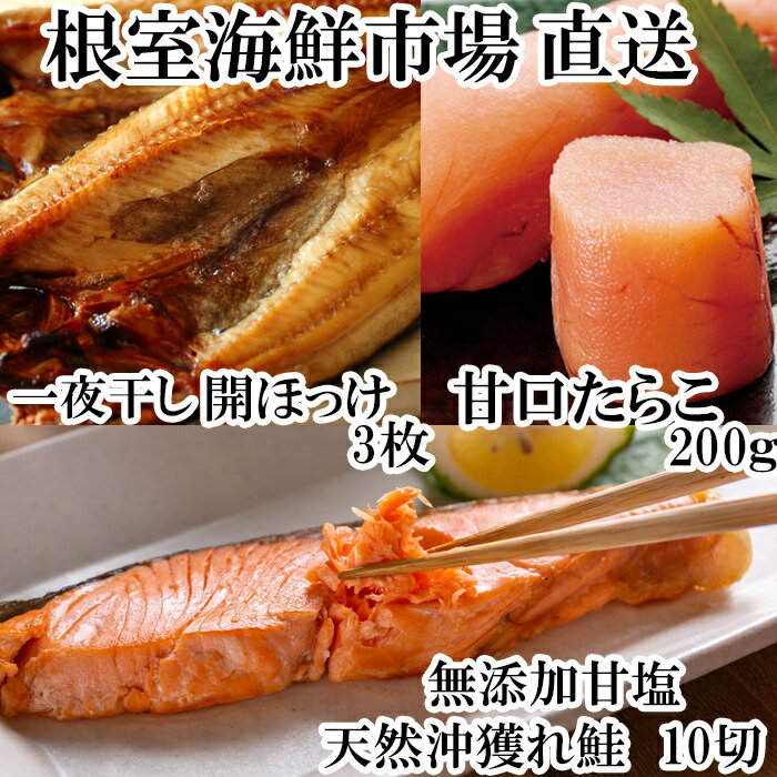 【ふるさと納税】根室海鮮市場＜直送＞沖獲れ鮭10切、甘口たらこ200g、一夜干し開きホッケ3枚 A-28060