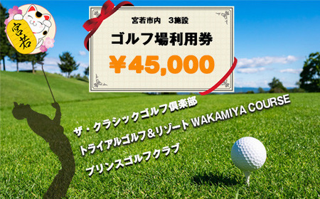 宮若市内ゴルフ場 3施設 共通利用券5,000円分×9枚 合計45,000円分　[M530] ゴルフ プレー 食事 チケット 誕生日プレゼント 父の日 祖父 クーポン スポーツ 体験 福岡県