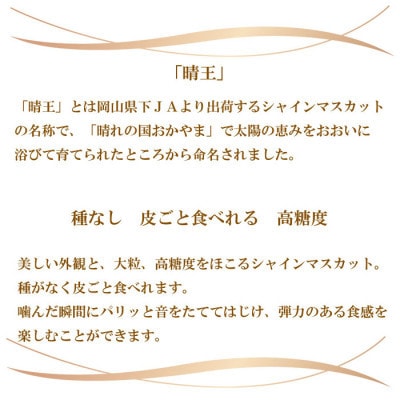 【2024年発送】ご家庭用　岡山県産　シャインマスカット　晴王　2kg(3〜6房)【配送不可地域：離島】【1409700】