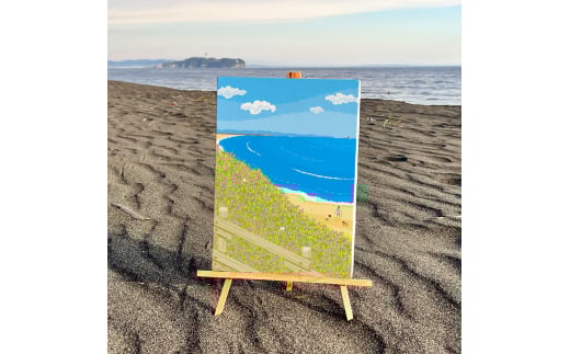 湘南・茅ヶ崎で描く、海を感じるイラストアート 『 湘南ランドスケープ08：海辺のハマダイコン 』　キャンバスアートパネル（中） /絵画 風景 犬 猫