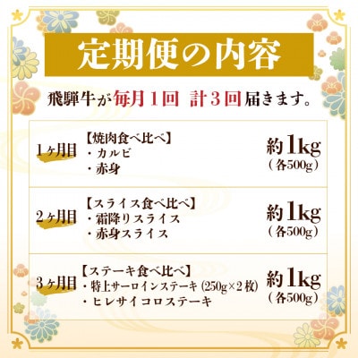 【毎月定期便】飛騨牛 2種食べ比べ定期便 計3kg全3回【配送不可地域：離島】