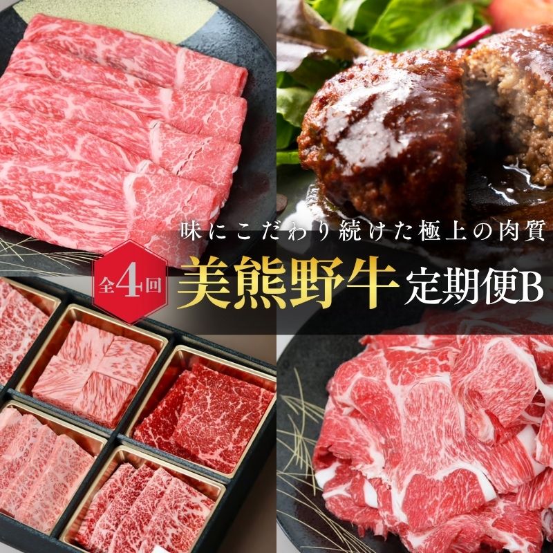 【ふるさと納税】 【全4回】美熊野牛 定期便B ＜すき焼きしゃぶしゃぶ用ロース＆赤身モモ肉 800g・切り落とし 800g・焼肉用6種食べ比べ 500g・100％ハンバーグ 100g×5個＞ 牛肉 肉 ブランド牛 和牛 黒毛和牛 国産牛 すき焼き しゃぶしゃぶ 赤身肉 焼肉 ハンバーグ 惣菜