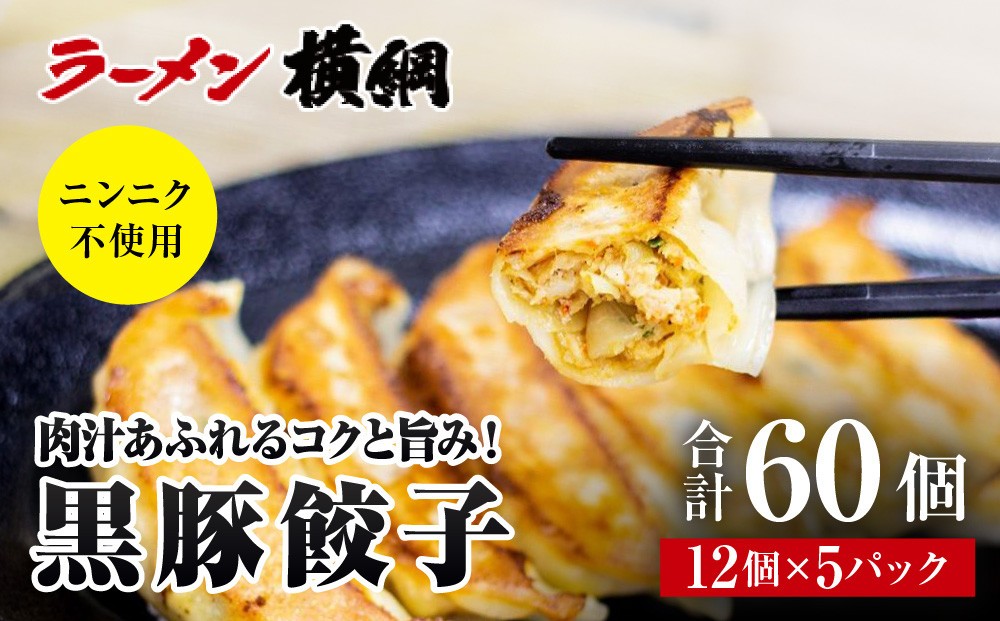 
                  【ラーメン横綱】ニンニク不使用! 黒豚餃子 5パック60個 京都  有名店 餃子 大人気セット［ 肉汁あふれるコクと旨み 小分け 黒豚 冷凍食品 大容量 おいしい 簡単 便利 おすすめ 中華 中華料理 お取り寄せ 通販 送料無料 ］
                