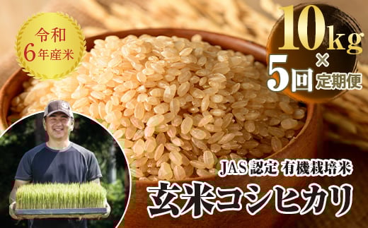 ＜定期便5ヶ月＞ JAS認定 有機栽培米 西会津産米コシヒカリ 玄米 10kg（5kg × 2） F4D-1325