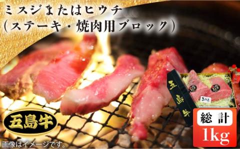 【日時指定必須】五島牛ミスジまたはヒウチ（ステーキ・焼肉用ブロック）約1kg 牛肉 牛 肉 ステーキ 【鬼岳牧場】 [PEK031]