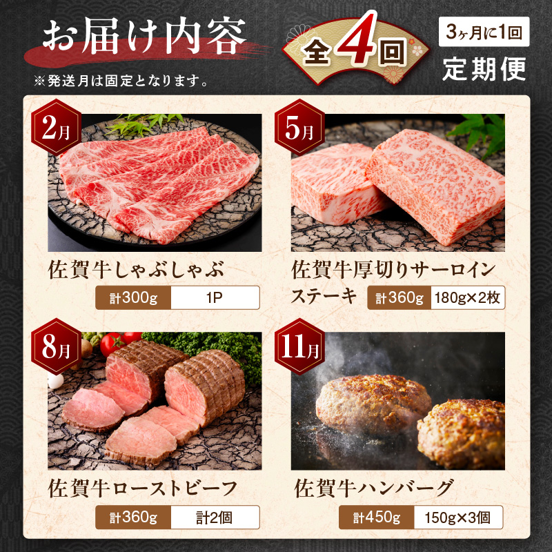 【発送月固定 定期便】肉の定期便! 佐賀牛 を3ケ月に1回お届け! 全4回 J1168