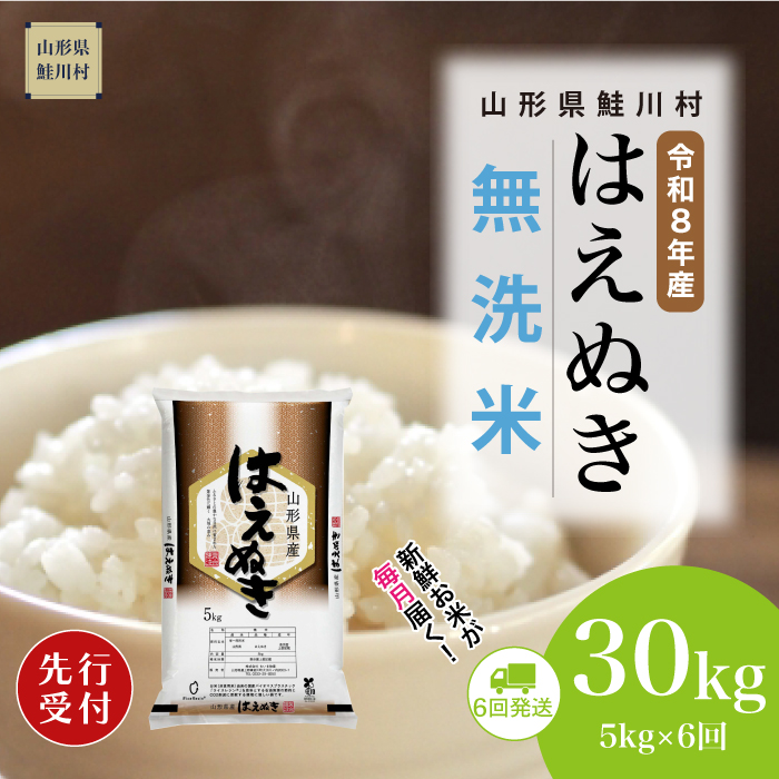 ＜令和8年産米先行受付＞ 山形県産 はえぬき 【無洗米】30kg定期便 (5kg×6回)　配送時期指定できます！