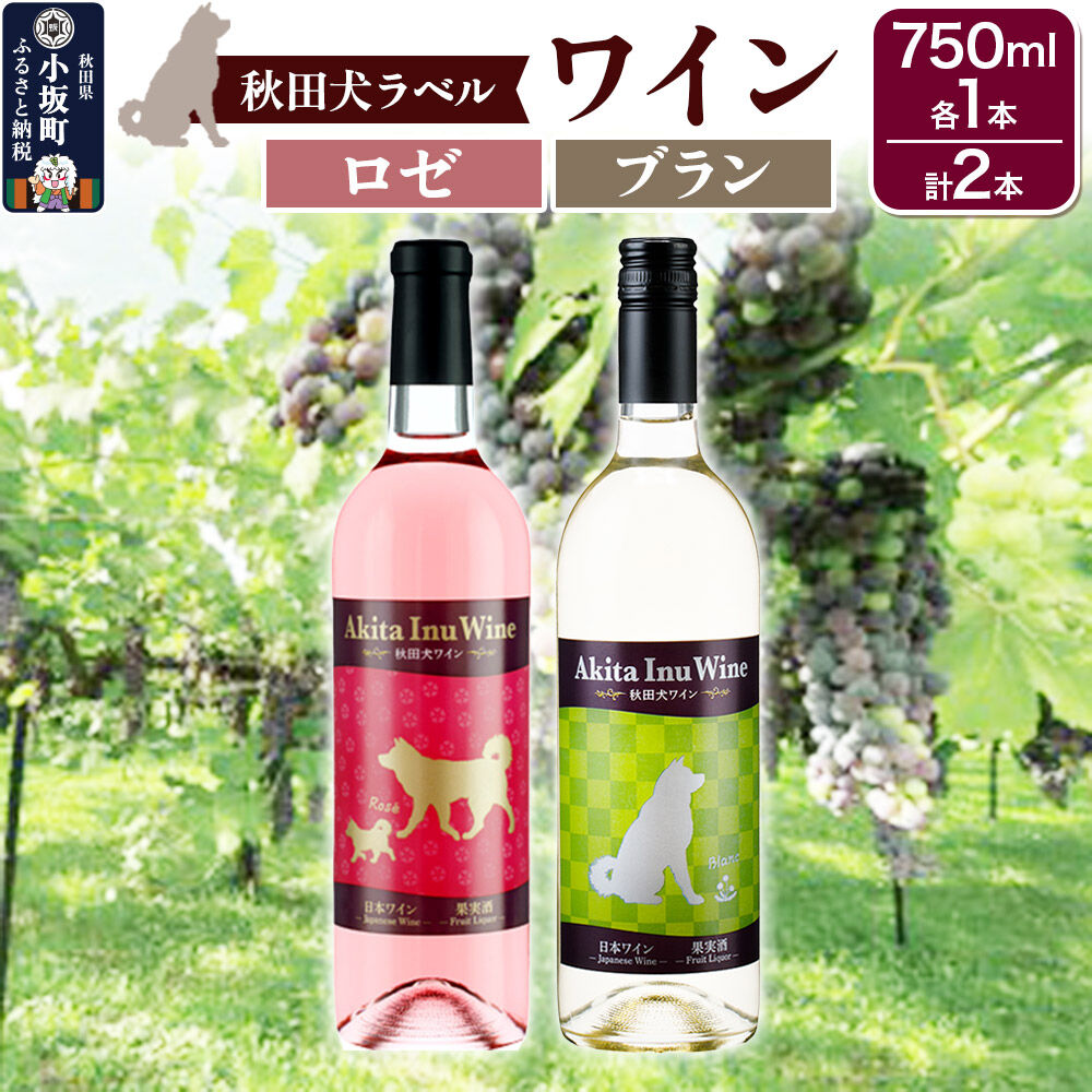 【ふるさと納税】小坂七滝ワイナリー 秋田犬ラベルワイン（ロゼ・ブラン）2本セット（750ml×各1本） [ワイン ロゼワイン ブラン 白ワイン お酒 酒 アルコール セット 飲み比べ 秋田 小坂七滝ワイナリー]