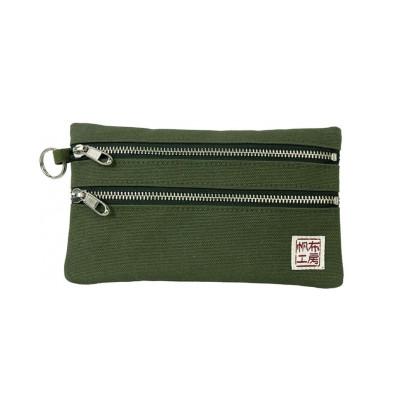 ふるさと納税 加東市 帆布工房　横長二段ファスナー付きポーチ(カーキ)　約12×20cm