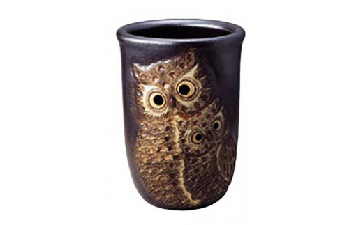 
信楽焼傘立 ふくろう彫り いぶし L
