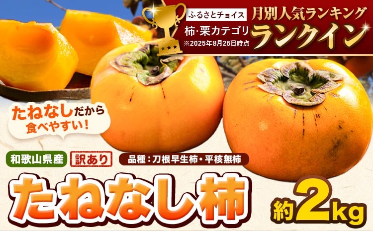 
            和歌山県産 訳あり たねなし柿（刀根早生柿・平核無柿）約2kg 《2025年9月中旬-11月上旬頃出荷(土日祝除く)》 和歌山県 岩出市 訳あり ご家庭用 種なし柿 柿 果物 フルーツ カキ st-p
          