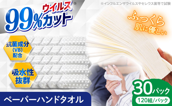 抗ウイルス 抗菌成分 (VB) 配合ふっくら柔らかペーパーハンドタオル エンボス仕上げ 120組 (240枚) ×30パック 【河野製紙株式会社】 [ATAJ005]