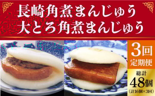 【全3回定期便】 長崎 角煮まんじゅう 8個（箱）・ 大とろ角煮まんじゅう 8個（箱）＜岩崎本舗＞ [DBG028]  角煮まん 角煮 豚角煮 簡単 惣菜 冷凍 おやつ 中華