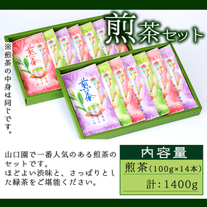 ＜お茶生産量日本一の鹿児島県産！＞飲料 お茶 緑茶  煎茶 セット 山口園  茶葉 お茶屋 (煎茶100g×14本・合計1.4kg) 【お茶の山口園】B108-v01