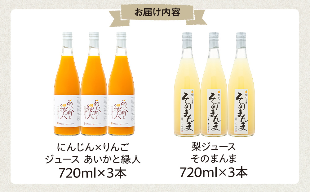 与古美の100％ジュース2種（梨、りんご×にんじん）セット 各3本(計6本)　梨「南水」ジュース　りんご×にんじんジュース　長野 飲料ドリンク 果汁飲料 フルーツジュース フルーツ 果物 信州産 長野
