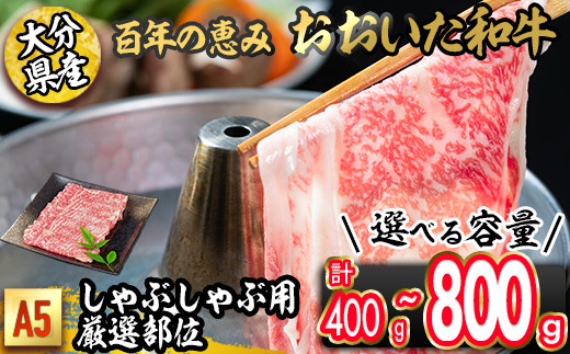
                  ＜内容量が選べる＞百年の恵み おおいた和牛 A5 しゃぶしゃぶ用 厳選部位 (計400g・計800g)国産 牛肉 肉 霜降り ロース 肩ロース もも 肩 和牛 ブランド牛 しゃぶしゃぶ 冷凍 【FS04・FS05】【 (株)トキハインダストリー】
                