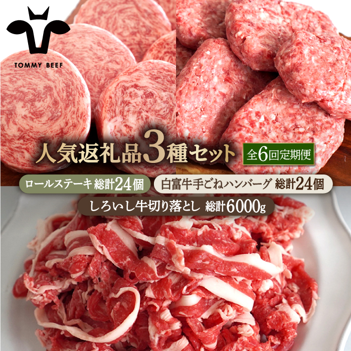 【牧場直送】【6回定期便】人気返礼品詰め合わせ！牛肉100%ふんわりロールステーキ 4個＆白富牛 手ごねハンバーグ 4個＆しろいし牛 切り落とし 1000g【有限会社佐賀セントラル牧場】 [IAH186]