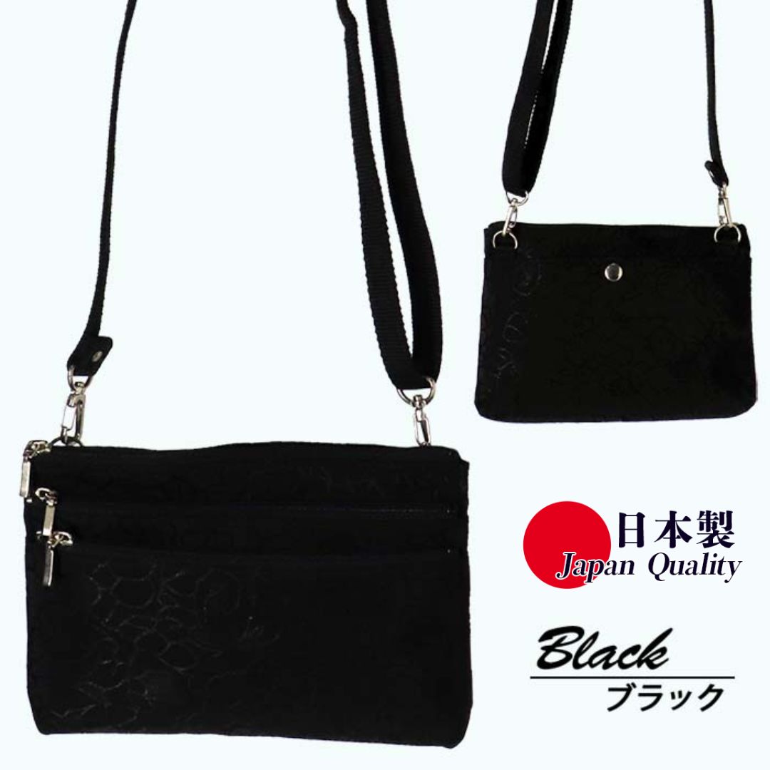 【ふるさと納税】ローズ柄 ブラック ポシェット TJ-50 縦型 日本製 ミニショルダーバッグ レディース ／ まちづくり観光振興機構 傘生地 ちりめんジャガード 旅行 ウォーキング 防水 奈良県 田原本町