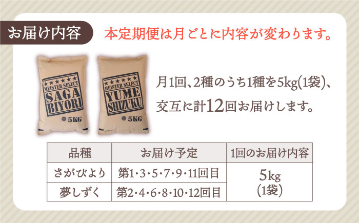 【全12回定期便】さがびより・夢しずく 白米 5kg【五つ星お米マイスター厳選】特A米 特A評価 [HBL032]