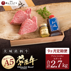 【定期便9回】【希少部位】肉 常陸牛A5 フィレミニヨンステーキ 150g×2枚 × 9回 ＜木箱入り・特製タレ／マスタード付き＞ ヒレステーキ プレゼント 誕生日 食べ物 上質 ギフト対応【肉のイイジマ】（DU-163）