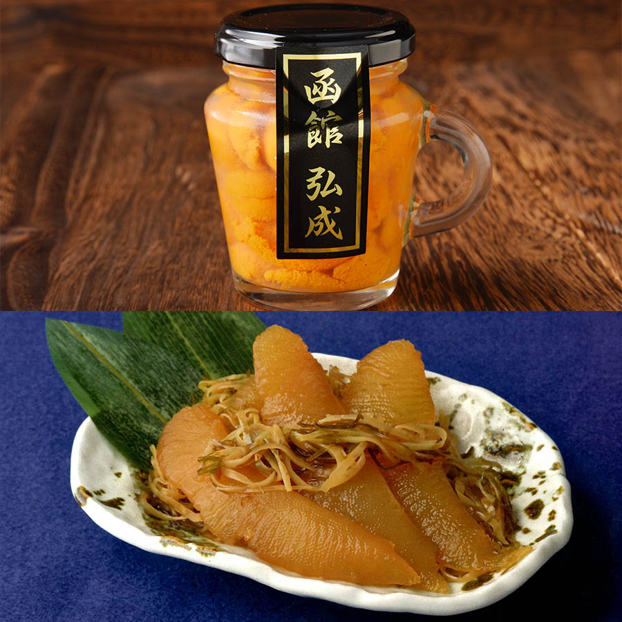 ＜函館 弘成＞マグカップ入り塩水生うに2本＆数の子松前漬セット