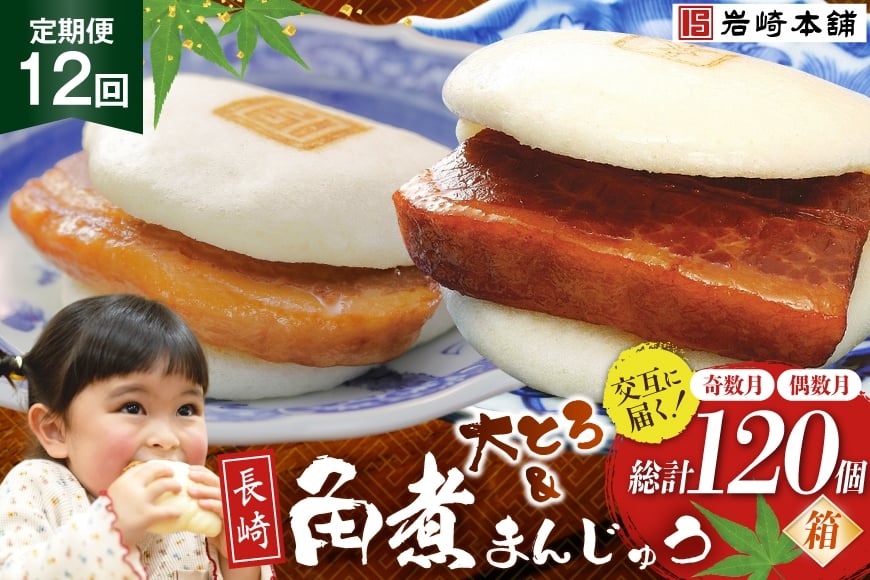 
            BJ081 岩崎本舗 【12回定期便】長崎角煮まんじゅう 10個入(箱)<奇数月>・大とろ角煮まんじゅう 10個入(箱)<偶数月> [長崎県 島原市]
          