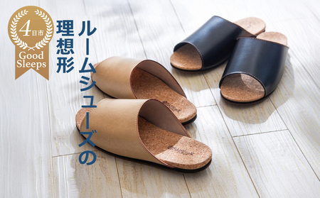 Made in Japanの高品質　ルームシューズの理想形。天然素材、静音性、高反発クッションで足にやさしい、 コルクでむれにくい、来客時も合成皮革とシンプルカラーのデザインで、さりげないセンスを！ 「バークオブケイ」コルクルームシューズ（Ｌ・26.5cm・ブラック）